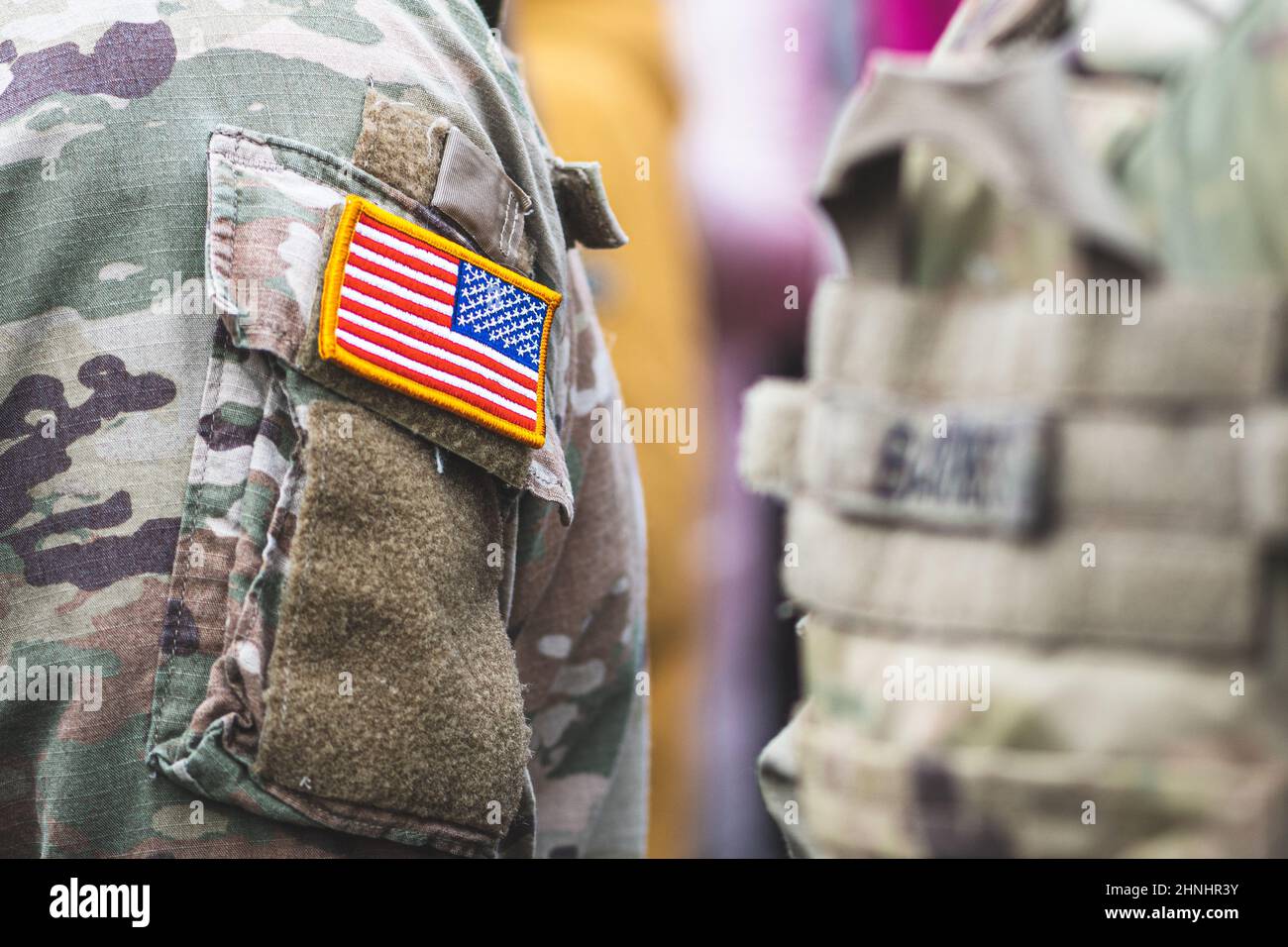 Bandiera del corpo Marino degli Stati Uniti, degli Stati Uniti o dell'esercito degli Stati Uniti, su un'uniforme soldato Foto Stock