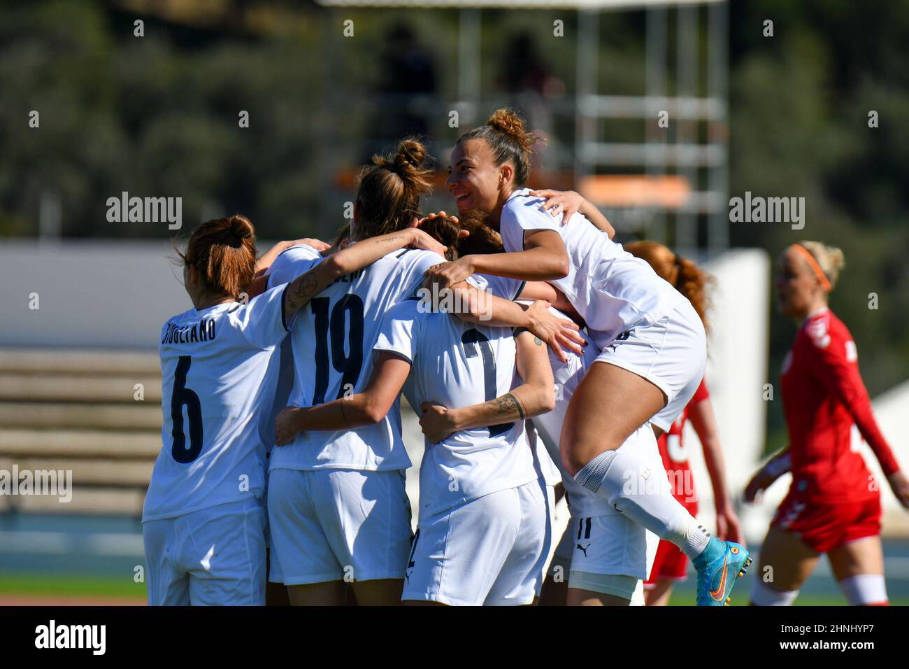 Lagos, Portogallo. 16th Feb 2022. Exultance nazionale femminile italiana.durante la Coppa Algarve 2022 - Danimarca vs Italia. Italia vince il 1-0. (Credit Image: © Andrea Amato/Pacific Press via ZUMA Press Wire) Foto Stock