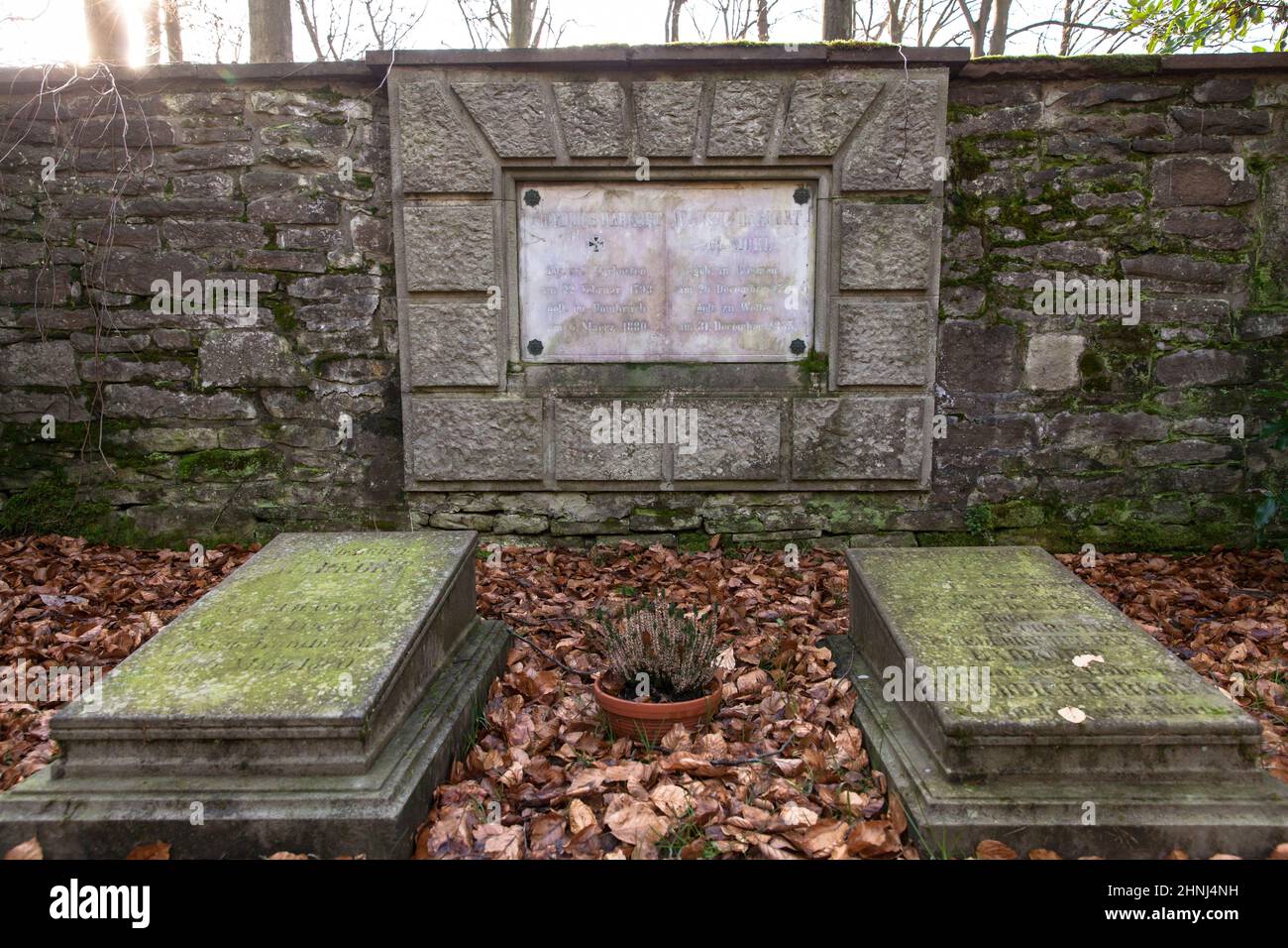 Lapidi della volta burialy della famiglia Harkort nella foresta della tenuta di schede nelle montagne di Ardey vicino Herdecke, Renania del Nord-Vestfalia, Germania. Th Foto Stock
