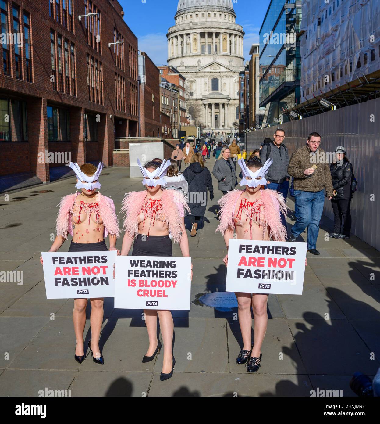 Millennium Bridge, Londra, Regno Unito. 17 febbraio 2022. Per protestare contro l'uso delle piume alla London Fashion Week, un gregge di sostenitori della PETA fa del Millennium Bridge la loro passerella giovedì 17th febbraio. Con le maschere per uccelli e le gazzine “sanguinose e cotte” esposte, evidenziano la piaga degli uccelli le cui piume sono strappate per abiti e accessori moda. “Il piumaggio appartiene agli uccelli delicati, e gli esseri umani non hanno il diritto di strapparlo da loro con la manciata”, afferma Elisa Allen, direttore del PETA. "PETA esorta tutti a fare una dichiarazione di moda nel modo più gentile, con tessuti vegani favolosi." Credito: Malcolm Park/A. Foto Stock