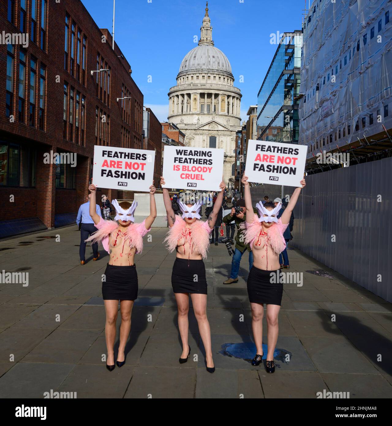 Millennium Bridge, Londra, Regno Unito. 17 febbraio 2022. Per protestare contro l'uso delle piume alla London Fashion Week, un gregge di sostenitori della PETA fa del Millennium Bridge la loro passerella giovedì 17th febbraio. Con le maschere per uccelli e le gazzine “sanguinose e cotte” esposte, evidenziano la piaga degli uccelli le cui piume sono strappate per abiti e accessori moda. “Il piumaggio appartiene agli uccelli delicati, e gli esseri umani non hanno il diritto di strapparlo da loro con la manciata”, afferma Elisa Allen, direttore del PETA. "PETA esorta tutti a fare una dichiarazione di moda nel modo più gentile, con tessuti vegani favolosi." Credito: Malcolm Park/A. Foto Stock