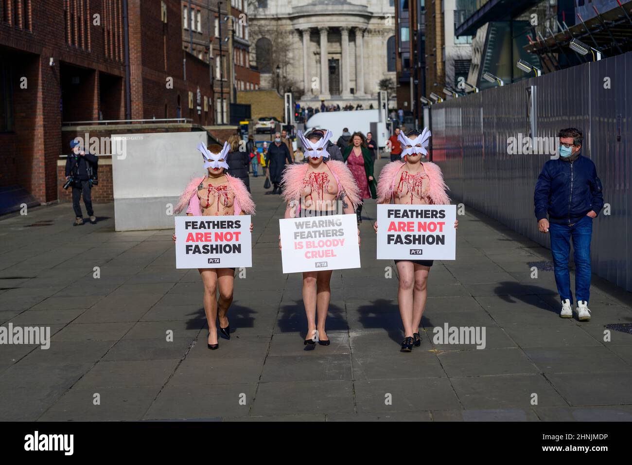 Millennium Bridge, Londra, Regno Unito. 17 febbraio 2022. Per protestare contro l'uso delle piume alla London Fashion Week, un gregge di sostenitori della PETA fa del Millennium Bridge la loro passerella giovedì 17th febbraio. Con le maschere per uccelli e le gazzine “sanguinose e cotte” esposte, evidenziano la piaga degli uccelli le cui piume sono strappate per abiti e accessori moda. “Il piumaggio appartiene agli uccelli delicati, e gli esseri umani non hanno il diritto di strapparlo da loro con la manciata”, afferma Elisa Allen, direttore del PETA. "PETA esorta tutti a fare una dichiarazione di moda nel modo più gentile, con tessuti vegani favolosi." Credito: Malcolm Park/A. Foto Stock