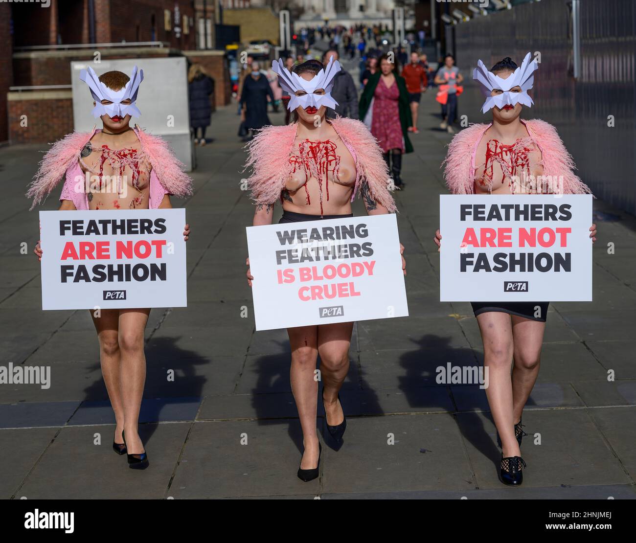 Millennium Bridge, Londra, Regno Unito. 17 febbraio 2022. Per protestare contro l'uso delle piume alla London Fashion Week, un gregge di sostenitori della PETA fa del Millennium Bridge la loro passerella giovedì 17th febbraio. Con le maschere per uccelli e le gazzine “sanguinose e cotte” esposte, evidenziano la piaga degli uccelli le cui piume sono strappate per abiti e accessori moda. “Il piumaggio appartiene agli uccelli delicati, e gli esseri umani non hanno il diritto di strapparlo da loro con la manciata”, afferma Elisa Allen, direttore del PETA. "PETA esorta tutti a fare una dichiarazione di moda nel modo più gentile, con tessuti vegani favolosi." Credito: Malcolm Park/A. Foto Stock