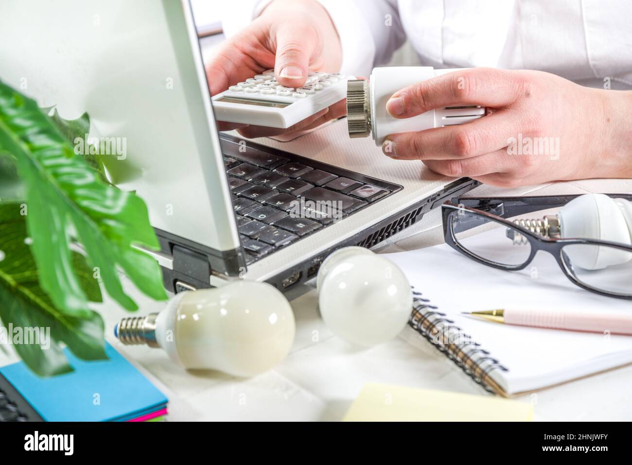 Efficienza energetica, energia verde, concetto di risparmio energetico. La ragazza analizza dati, indicatori, paga bollette elettriche Foto Stock