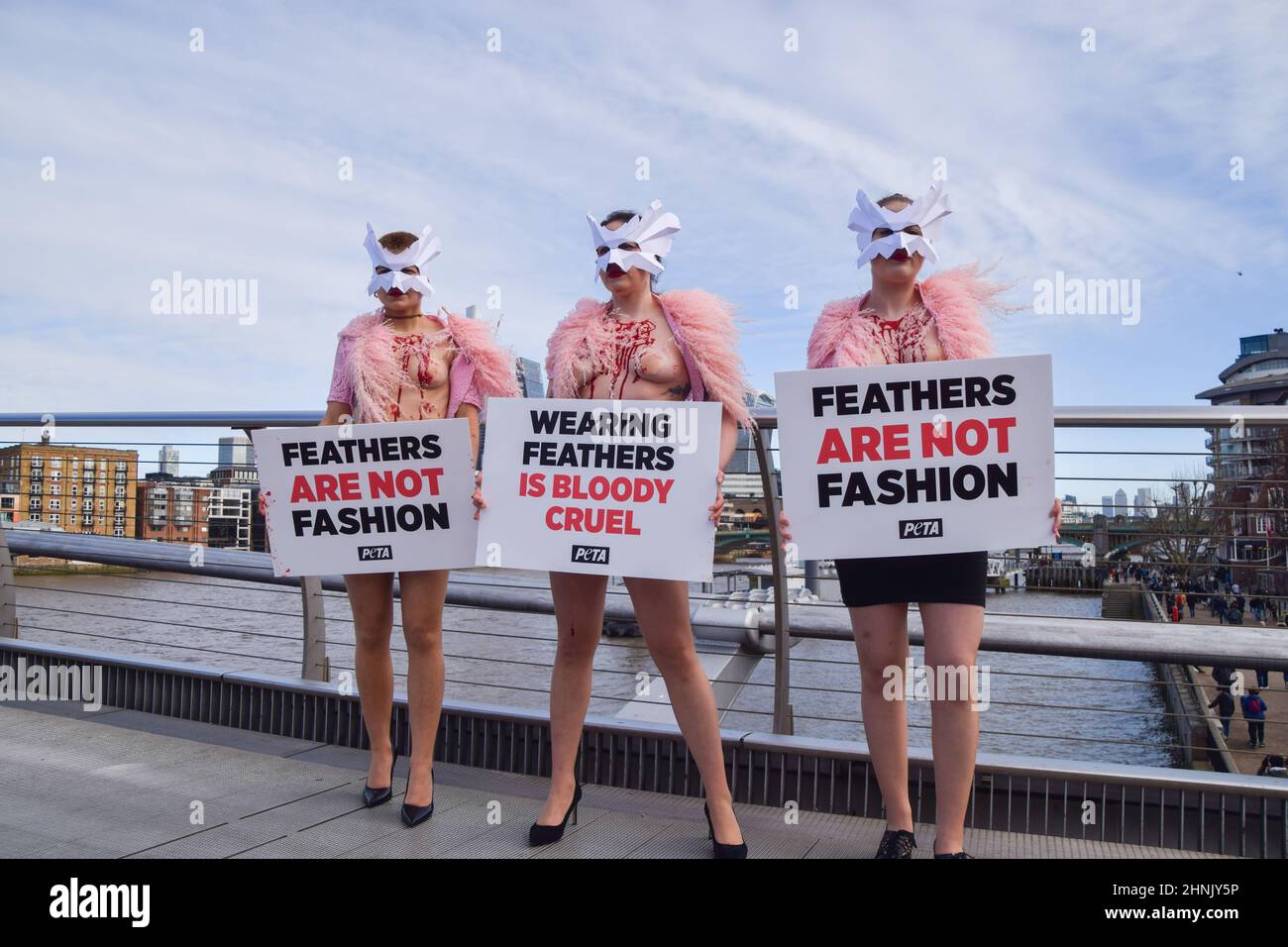 Londra, Regno Unito. 17th febbraio 2022. Gli attivisti DI PETA che indossano maschere per uccelli e con gilet 'sanguinose e scottate' esposte hanno organizzato una 'passerella' sul Millennium Bridge per protestare contro l'uso di piume di uccello in abiti e accessori alla London Fashion Week. Credit: Vuk Valcic/Alamy Live News Foto Stock