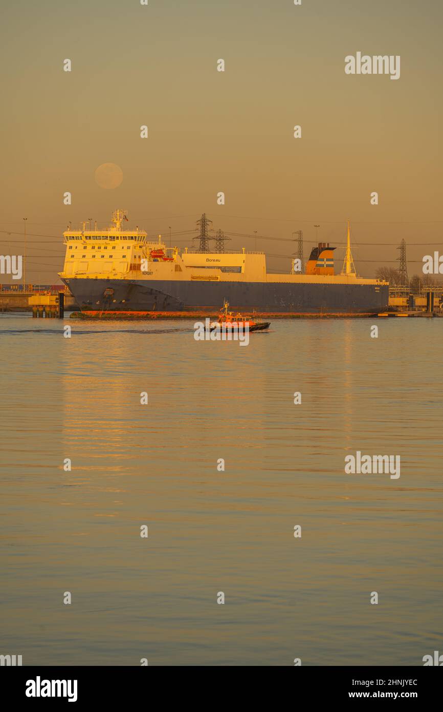 Norsky Ro-Ro traghetto ormeggiato a Tilbury 2 da Gravesend Kent con una luna piena che sorge dietro Foto Stock