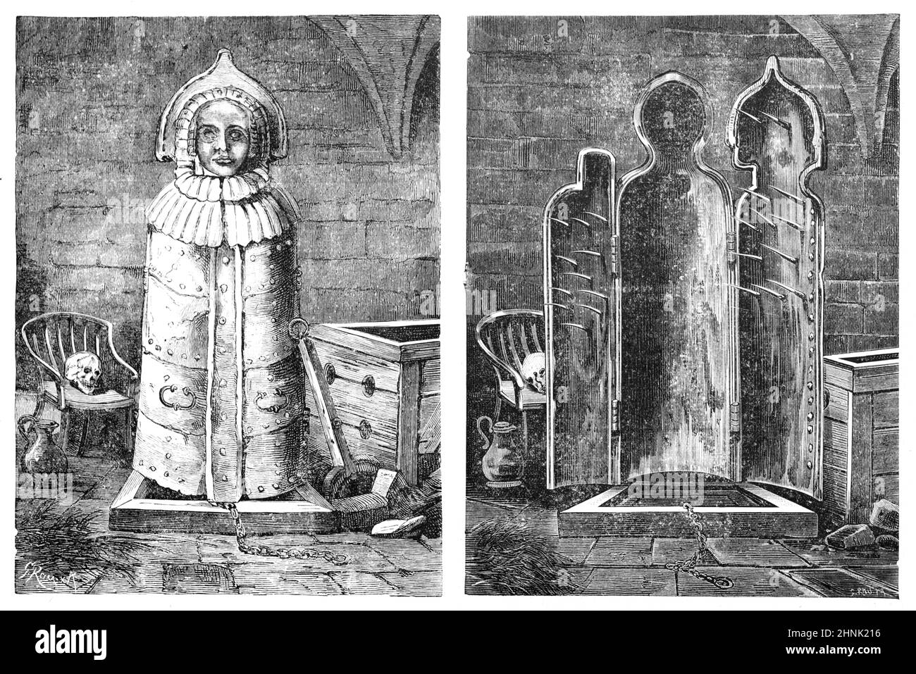 La Maiden del ferro di Norimberga o la Vergine del ferro di Norimberga, uno strumento di tortura medievale Norimberga Museo Germania. Illustrazione o incisione vintage 1883 Foto Stock