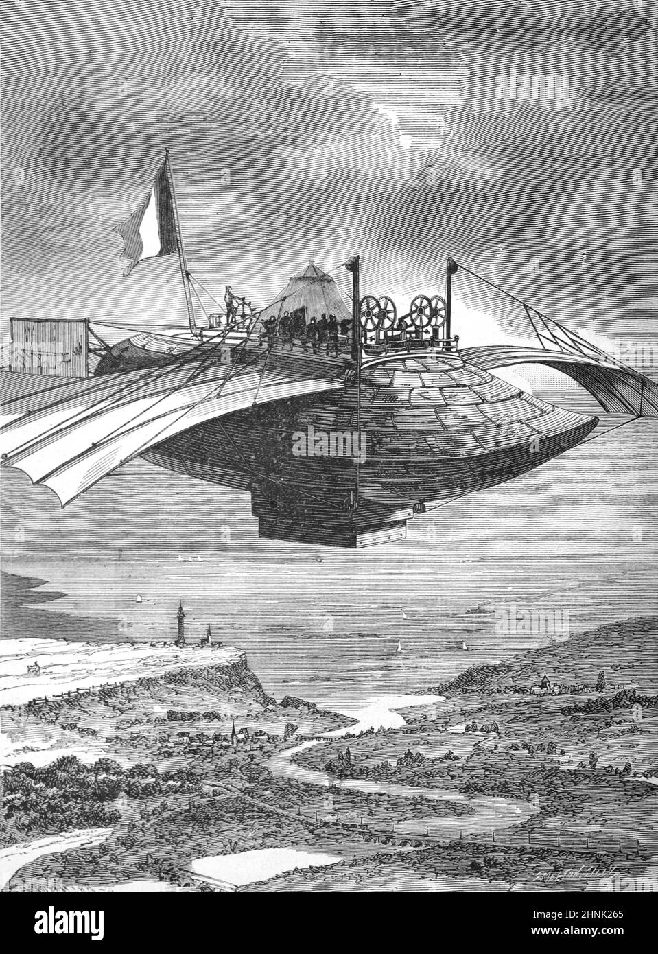 L'impressione dell'artista di una macchina volante francese fantasy, surreale o futuristica conosciuta come Celeste France. Illustrazione o incisione vintage 1883 Foto Stock