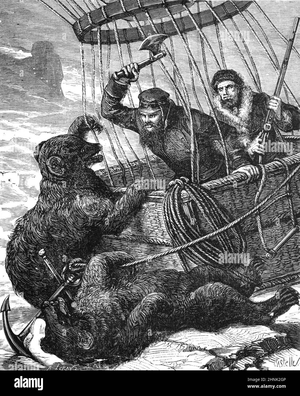 Gli orsi attaccano una mongolfiera mentre atterrano e sono usati dai cacciatori per gli orsi di tiro. Annata Illustrazione o incisione 1878 (Castelli) Foto Stock