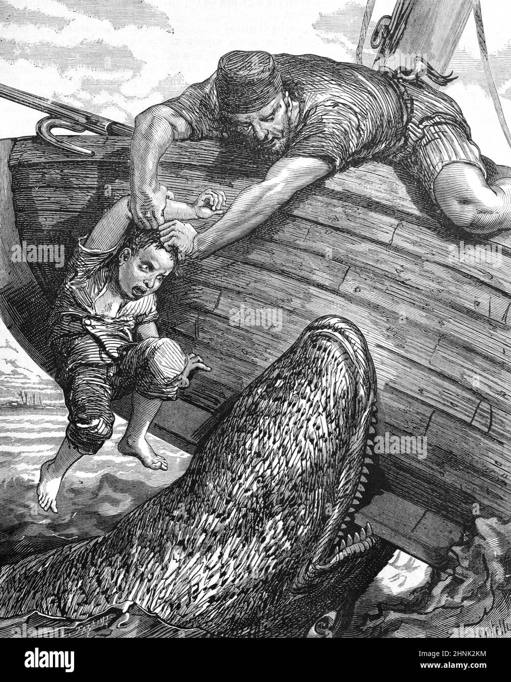 Attacco di squalo su barca da pesca in legno. Annata Illustrazione o incisione 1878 (Castelli) Foto Stock