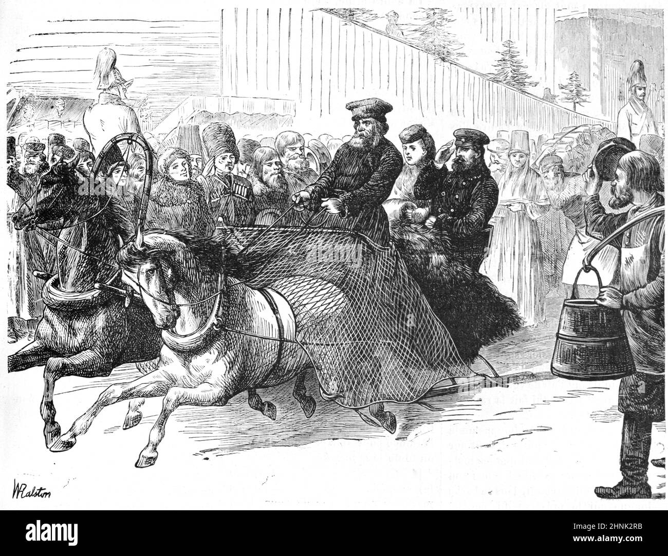 Giro in slitta trainata da cavalli, slitta, slitta o slitta in Russia invernale russa. Illustrazione o incisione vintage 1879 Foto Stock