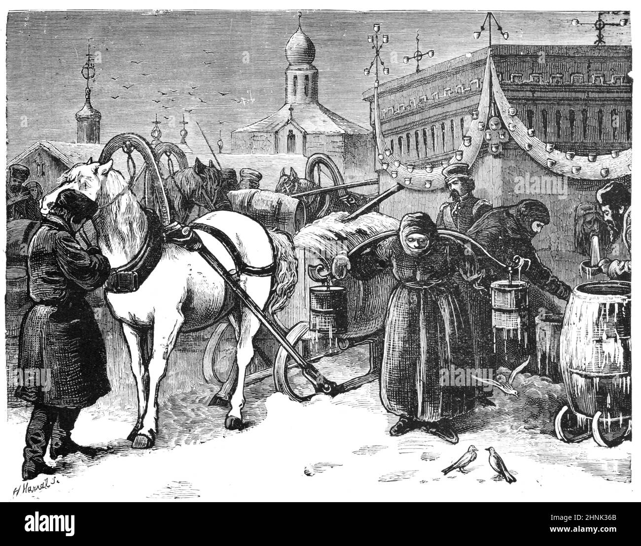 Slitte trainate da cavalli e russi o moscoviti che attingono acqua potabile da una fontana di strada pubblica a Mosca Russia Vintage Illustration o Engraving1879 Foto Stock