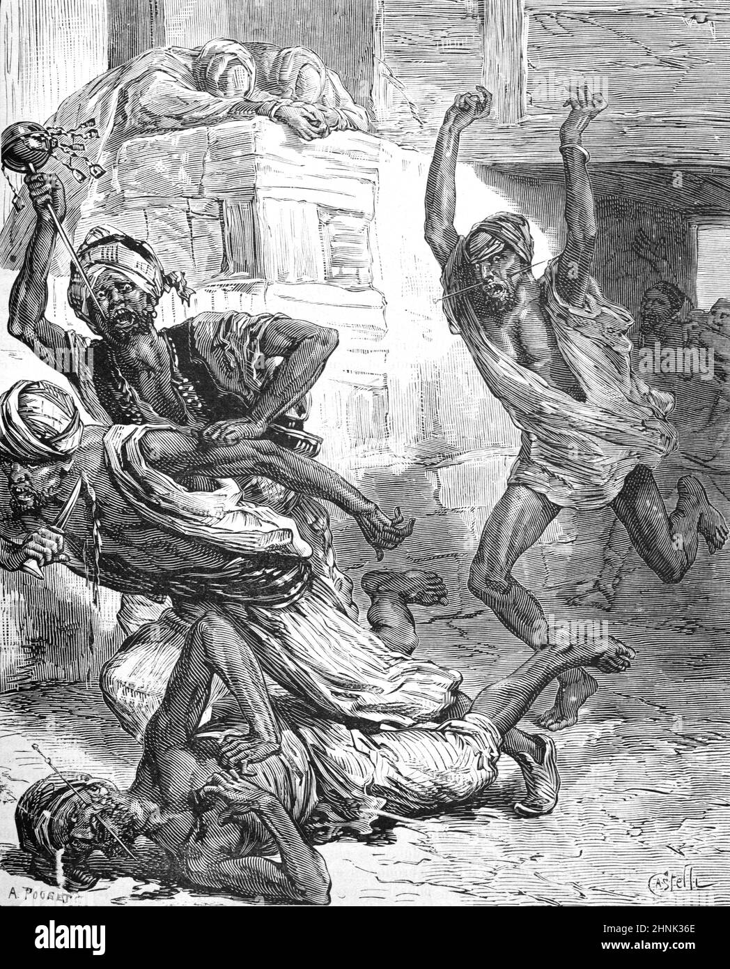 Fanatici musulmani, devoti autolarizzanti o penitenti in Marocco. Annata Illustrazione o incisione 1879 (Castelli) Foto Stock