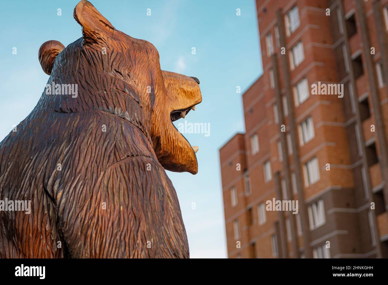 testa di orso di legno sullo sfondo della casa di appartamento Foto Stock