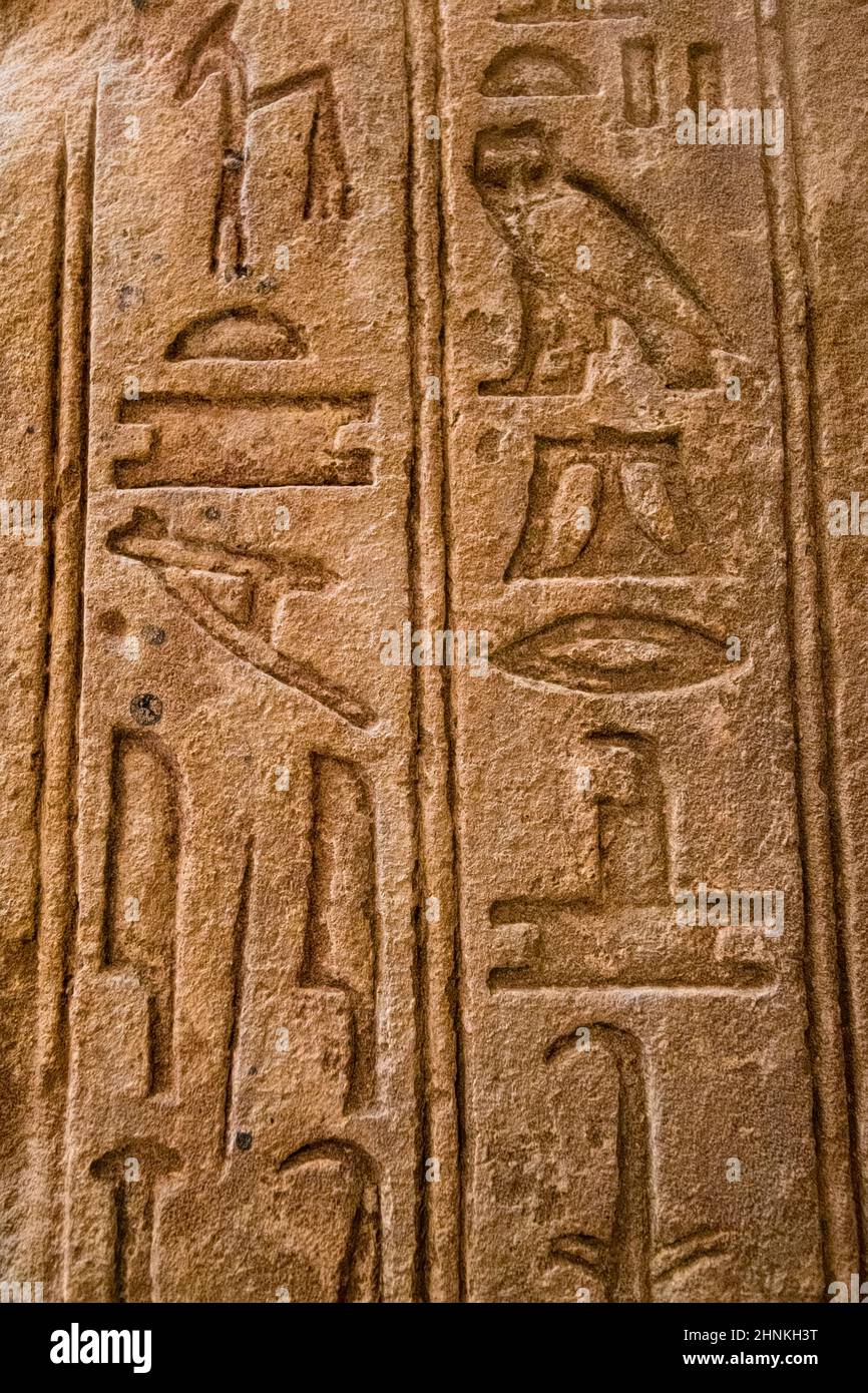 Antico Egitto geroglifici scolpiti sulla pietra Foto Stock