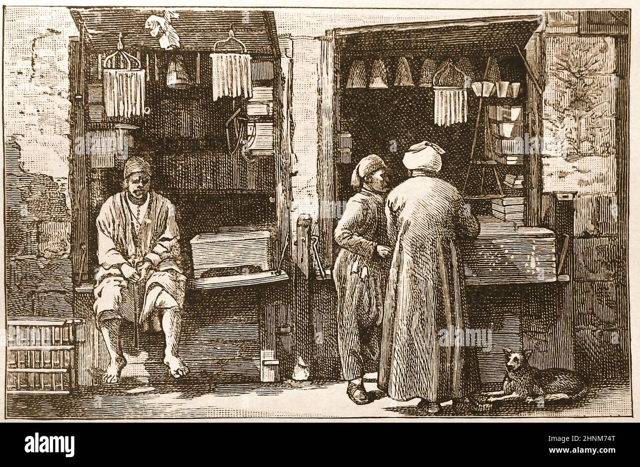 Un'incisione del 1890 di un negozio di chandler nel basso Egitto. Foto Stock