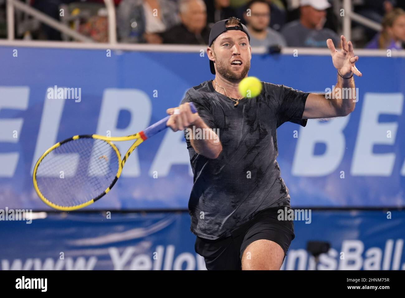 DELRAY BEACH, FL - Febbraio, 15 - Delray Beach: Jack sock (USA) suona Daniel Altmaier (GER) al Delray Beach Open 2022 da Vitacost.com. A Delray Beach, Florida il 15 febbraio 2022. Credit: Andrew Patron/MediaPunch Foto Stock