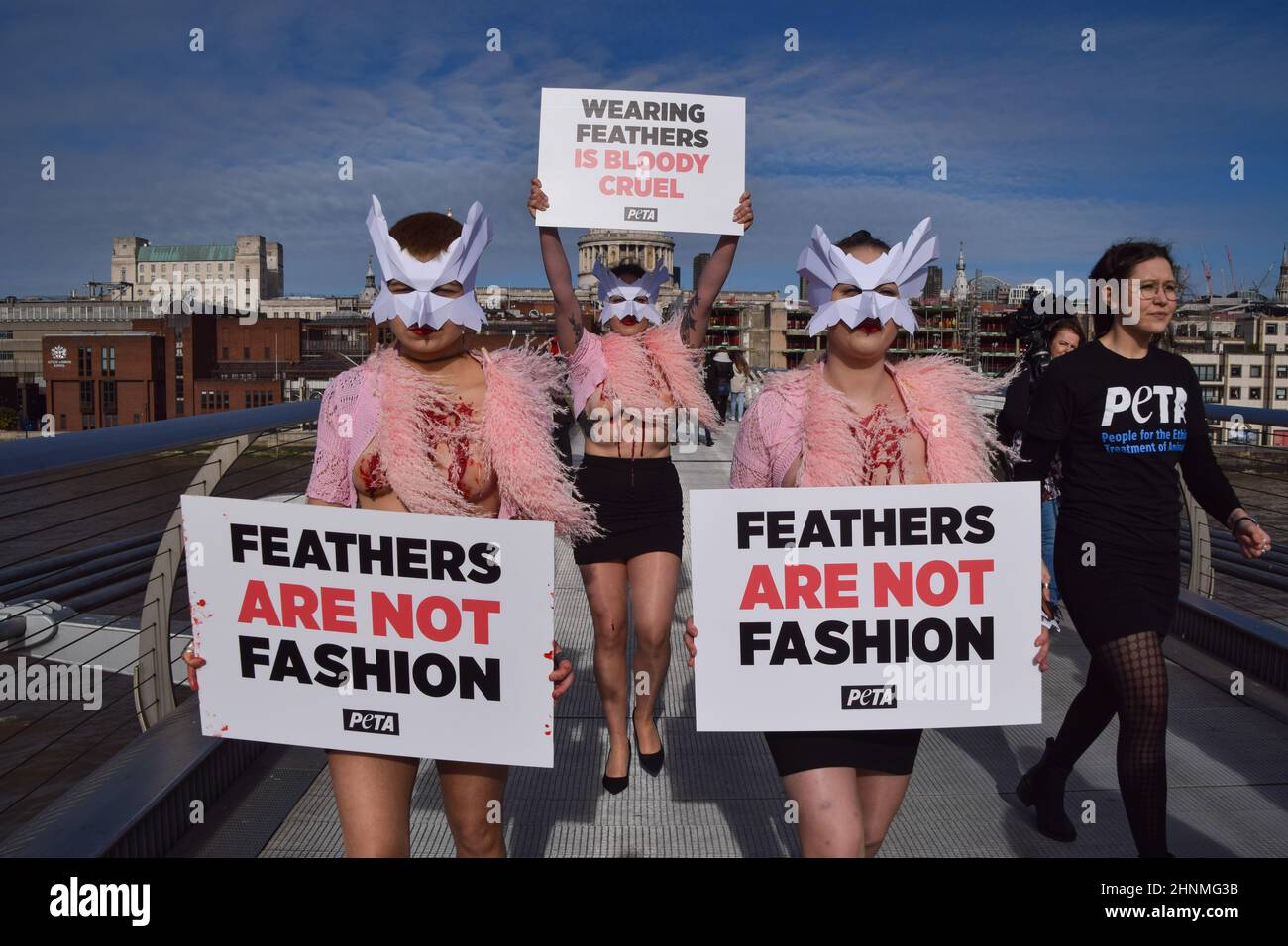 Londra, Regno Unito. 17th febbraio 2022. Gli attivisti DI PETA che indossano maschere per uccelli e con gilet 'sanguinose e scottate' esposte hanno organizzato una 'passerella' sul Millennium Bridge per protestare contro l'uso di piume di uccello in abiti e accessori alla London Fashion Week. Credit: Vuk Valcic/Alamy Live News Foto Stock