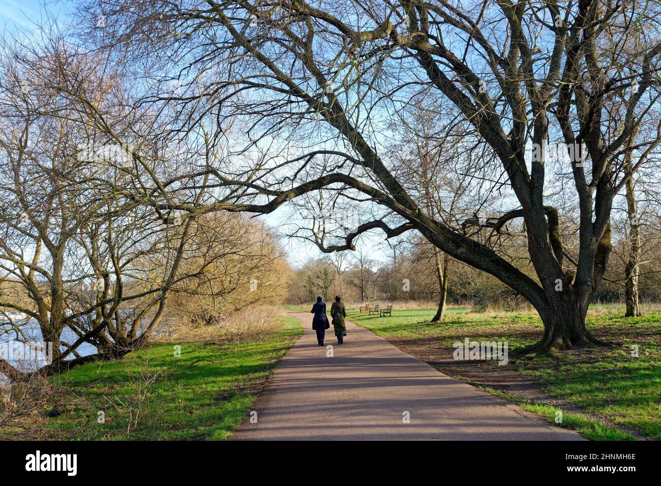 Vista posteriore di due donne godendo di una passeggiata di un giorno di inverni sul percorso dal Tamigi a Ham, Richmond West London Inghilterra UK Foto Stock