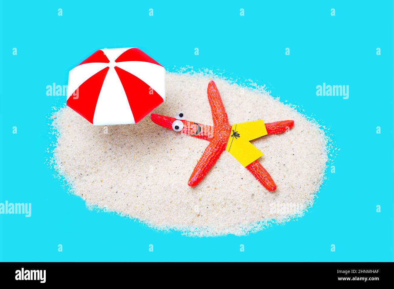 Divertente carattere di stelle marine con occhi googly godendo il sole su una vacanza di spiaggia di sabbia. Foto Stock