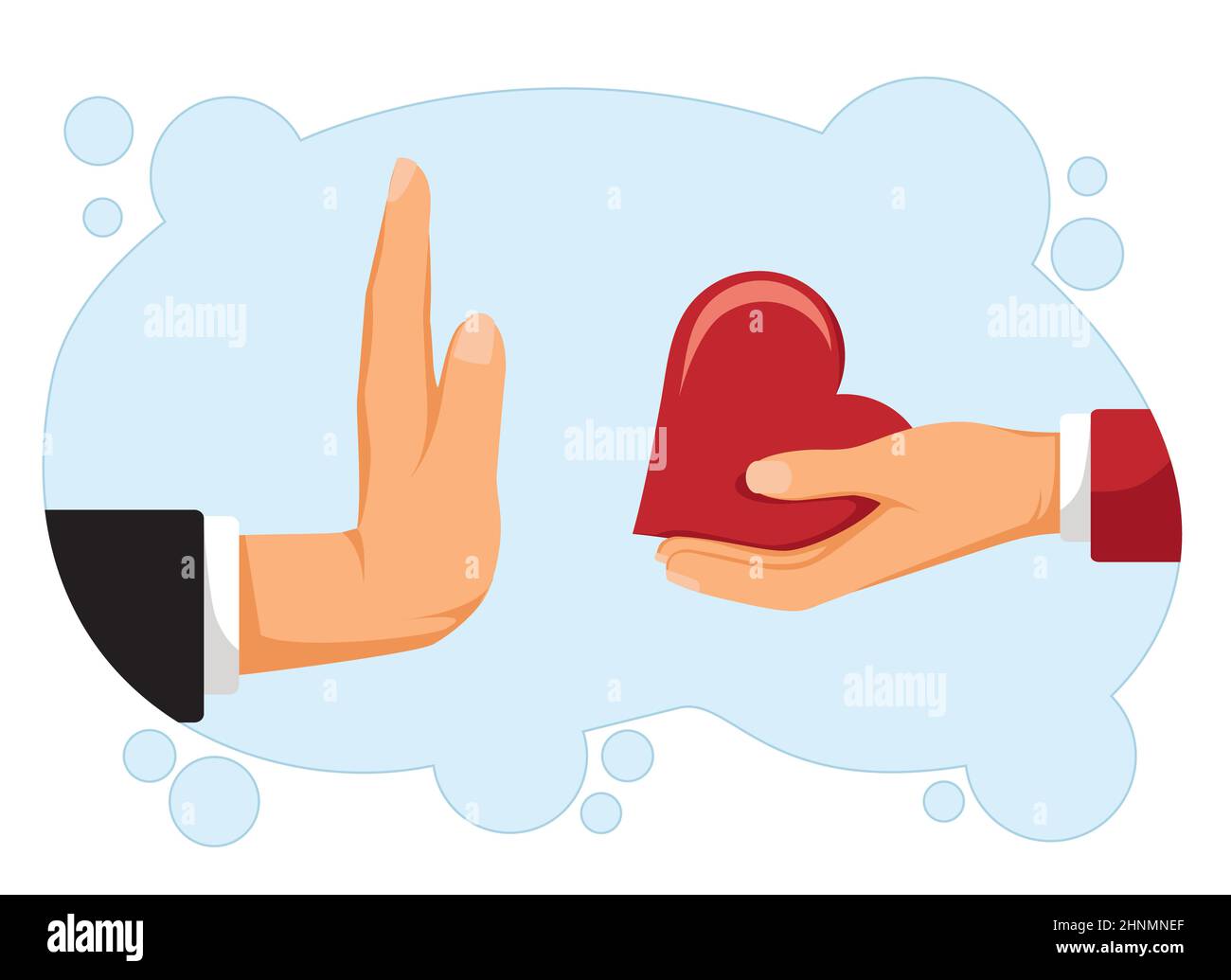 Rifiuto dell'amore. Rifiuto della proposta di matrimonio. Donna che tiene in mano il cuore. Il gesto uomo rifiuta la proposta. Disegno vettoriale design piatto. Isolato Foto Stock