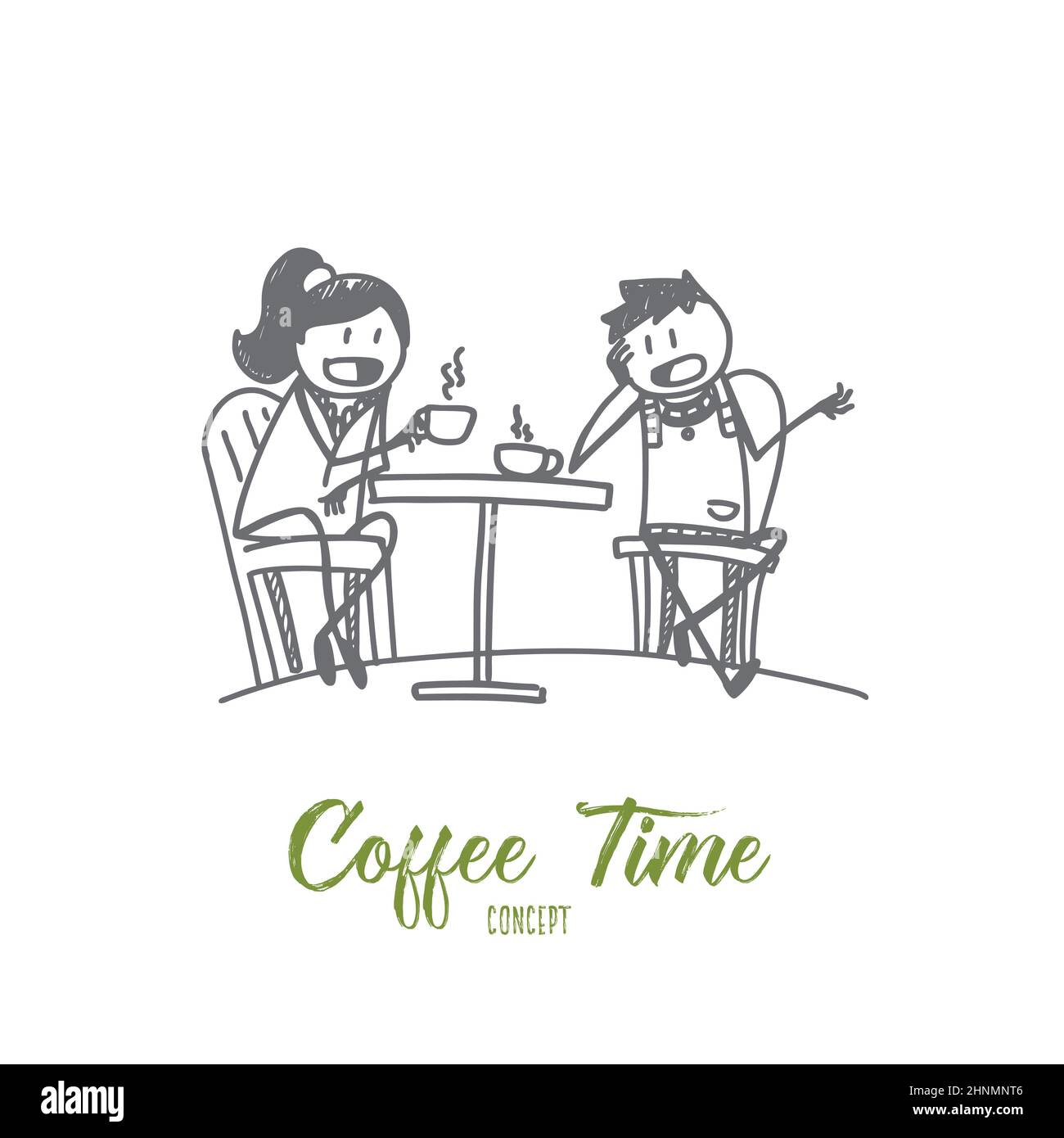 Disegno vettoriale del concetto di tempo del caffè disegnato a mano. Amico seduto al bar, bere caffè e parlare Foto Stock