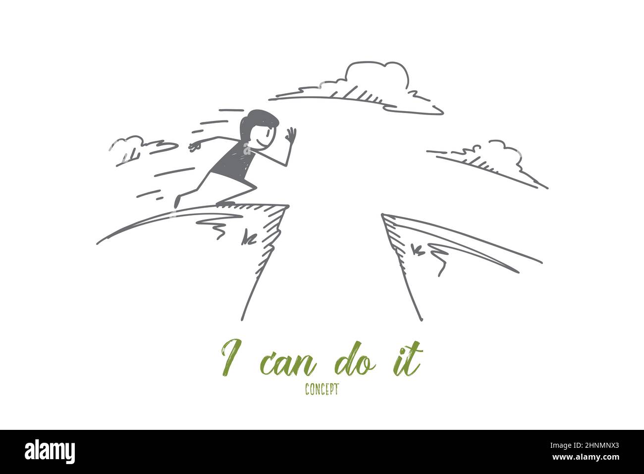 Disegno a mano vettoriale è possibile fare lo schizzo concettuale. Uomo che corre e si prepara a saltare oltre il gap su un'altra collina Foto Stock