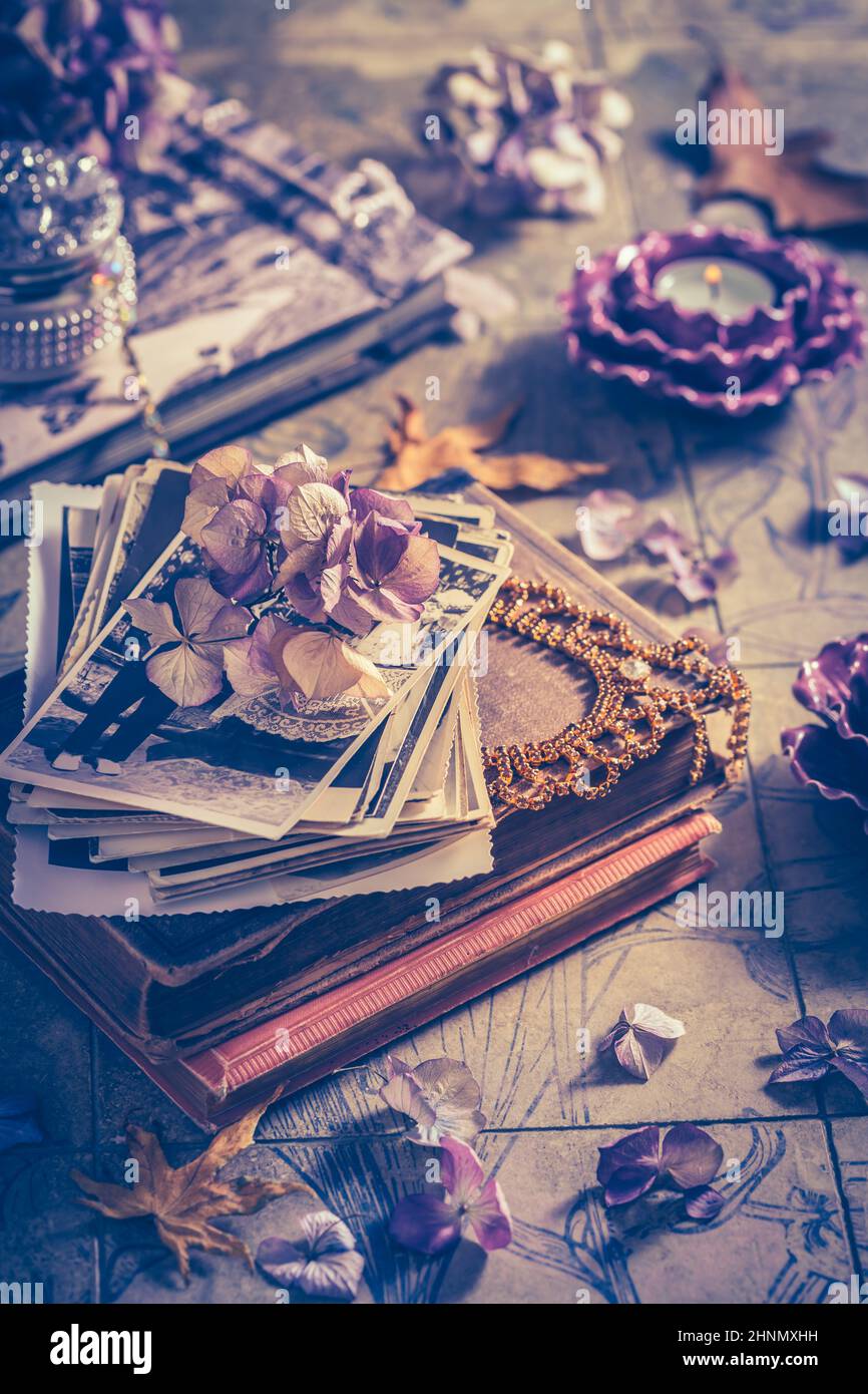 Memories - album fotografico di vecchia famiglia con collana, libri antichi e fiori secchi Foto Stock