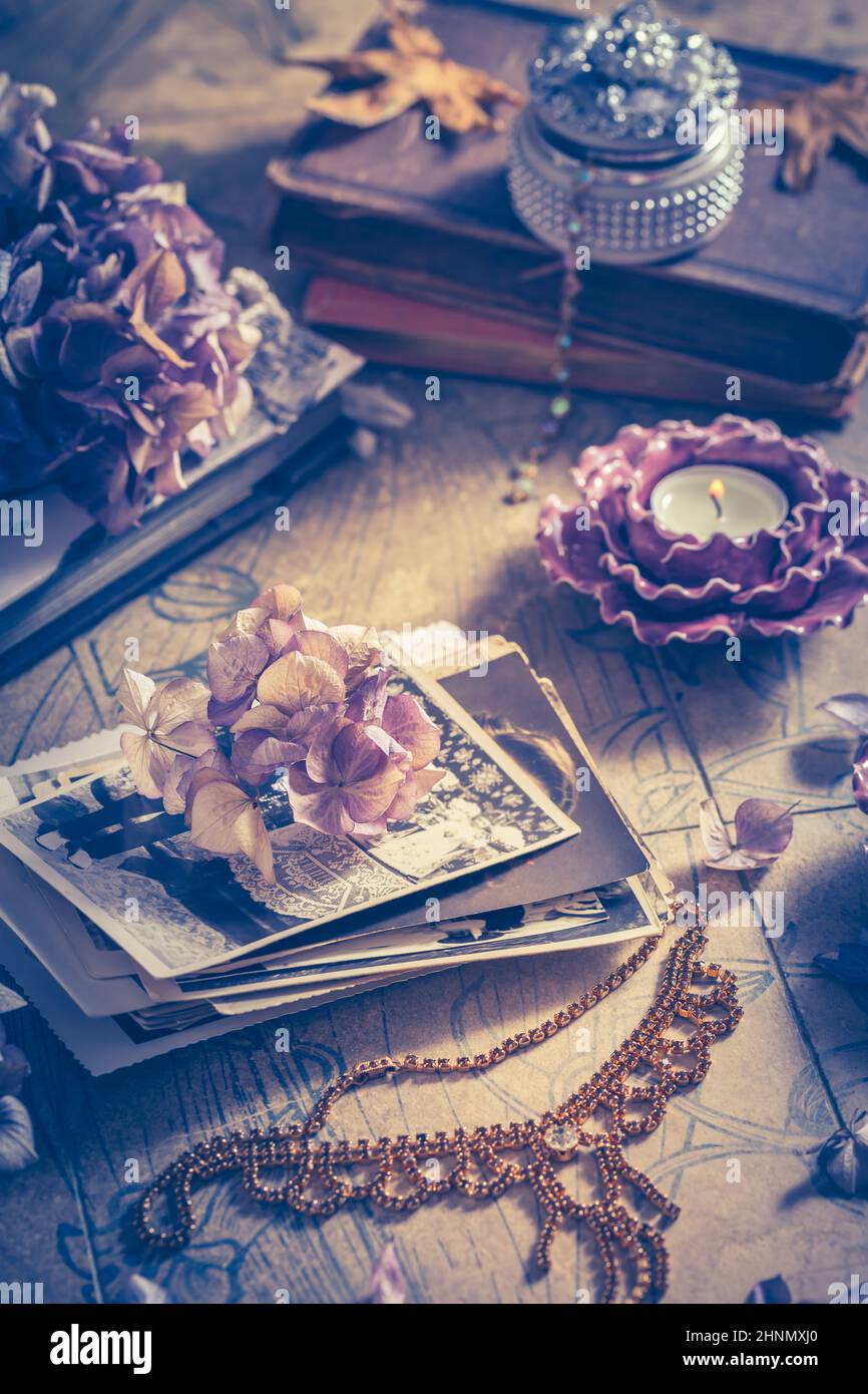 Memories - album fotografico di vecchia famiglia con collana, libri antichi e fiori secchi Foto Stock