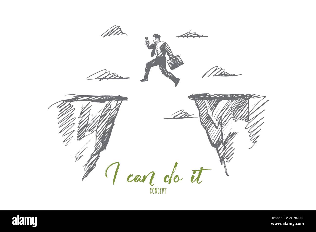Vettoriale disegno a mano posso farlo disegno motivazionale concetto. Uomo d'affari che salta da una roccia all'altra sopra il gap Foto Stock