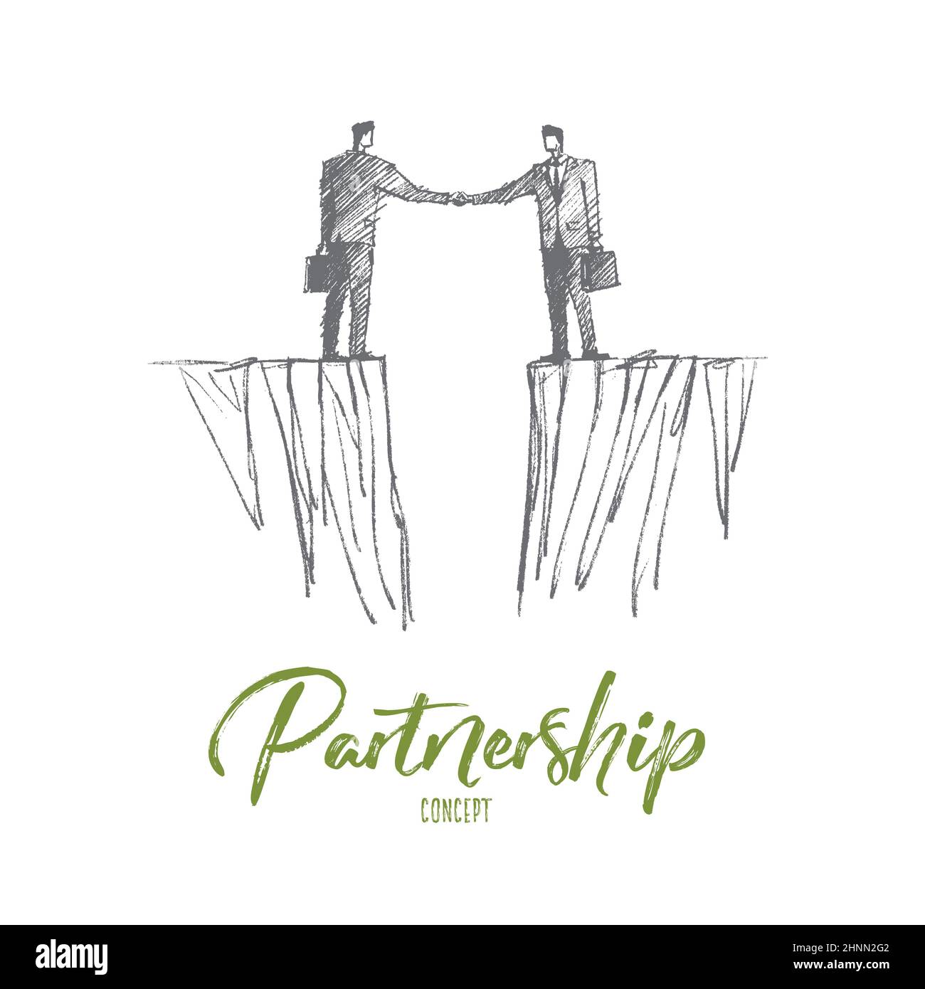 Disegno vettoriale del concetto di partnership disegnato a mano. Handshaking di due uomini d'affari che si levano in piedi su lati differenti con il gap fra loro. Partnership di scrittura Foto Stock
