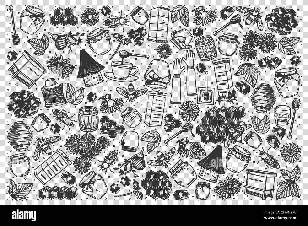 Set di noodle al miele. Raccolta di schizzi disegnati a mano modelli modello di prodotto alimentare di api in pentole su sfondo trasparente. Sano eco naturale dolce Foto Stock