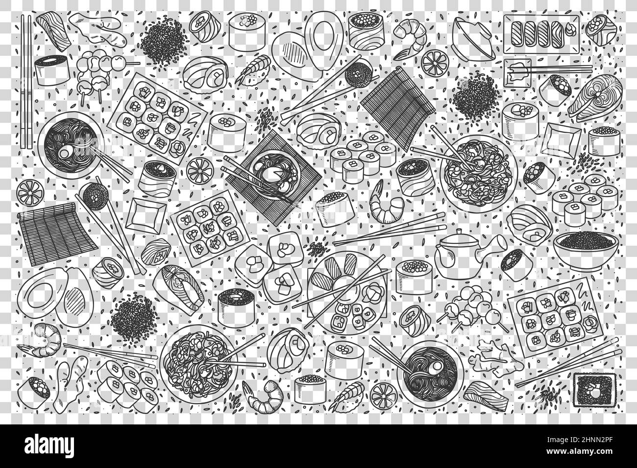 Set di noodle di cibo giapponese. Collezione di gesso matita disegni a mano modelli di cina deliziosa cucina sushi noodle riso su trasparente backgro Foto Stock