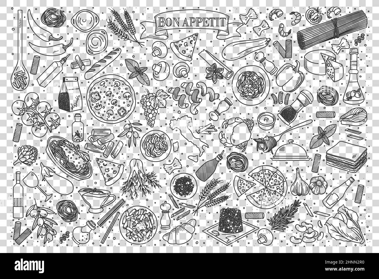Set di doodle di cibo italiano. Collezione di gesso matita disegni a mano modelli d'italia deliziosa cucina pizza spaghetti ravioli su trasparente ba Foto Stock