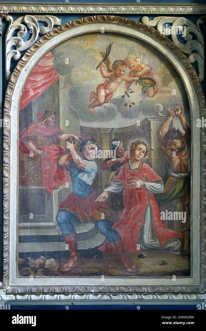 Lapidazione di Santo Stefano, altare dipinto sull'altare di Santo Stefano nella chiesa di nostra Signora delle Nevi a Volavje, Croazia Foto Stock