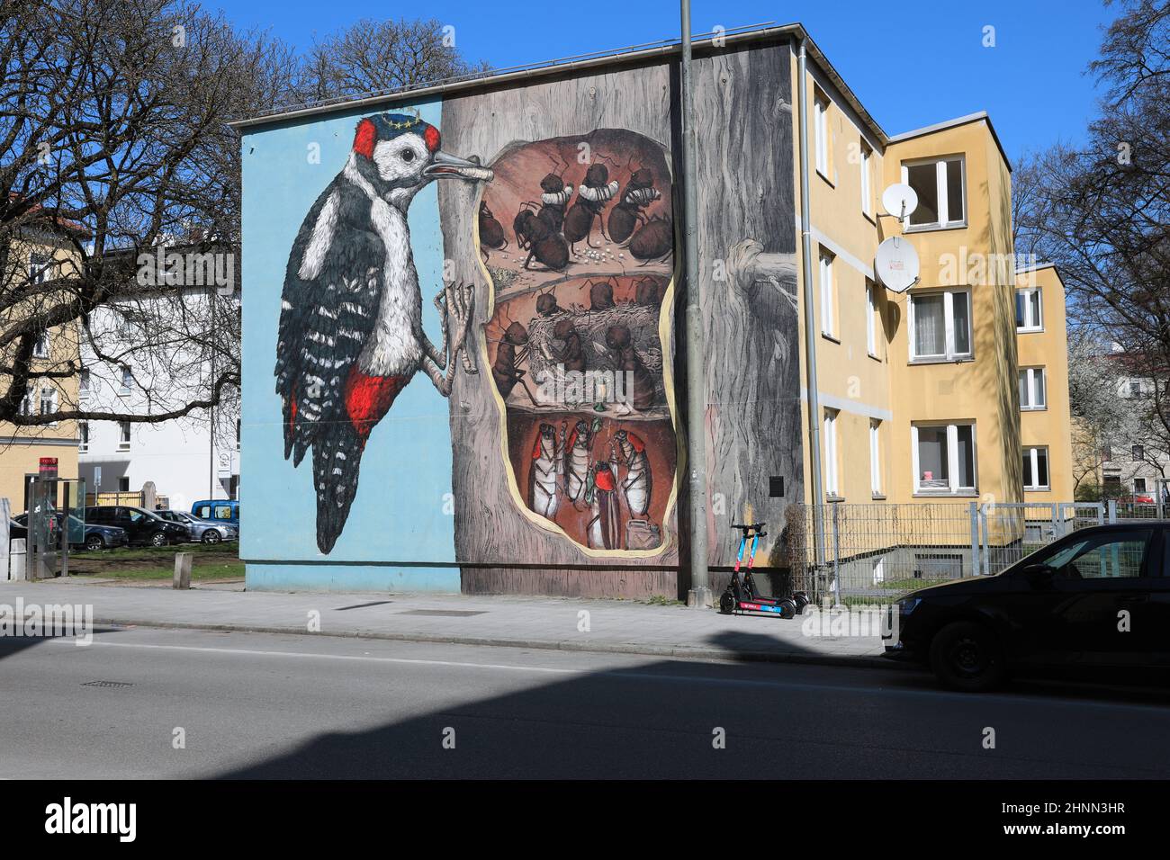 Westend-graffiti picchio a Tulbeckstraße, Monaco di Baviera-Schwanthalerhöhe Foto Stock