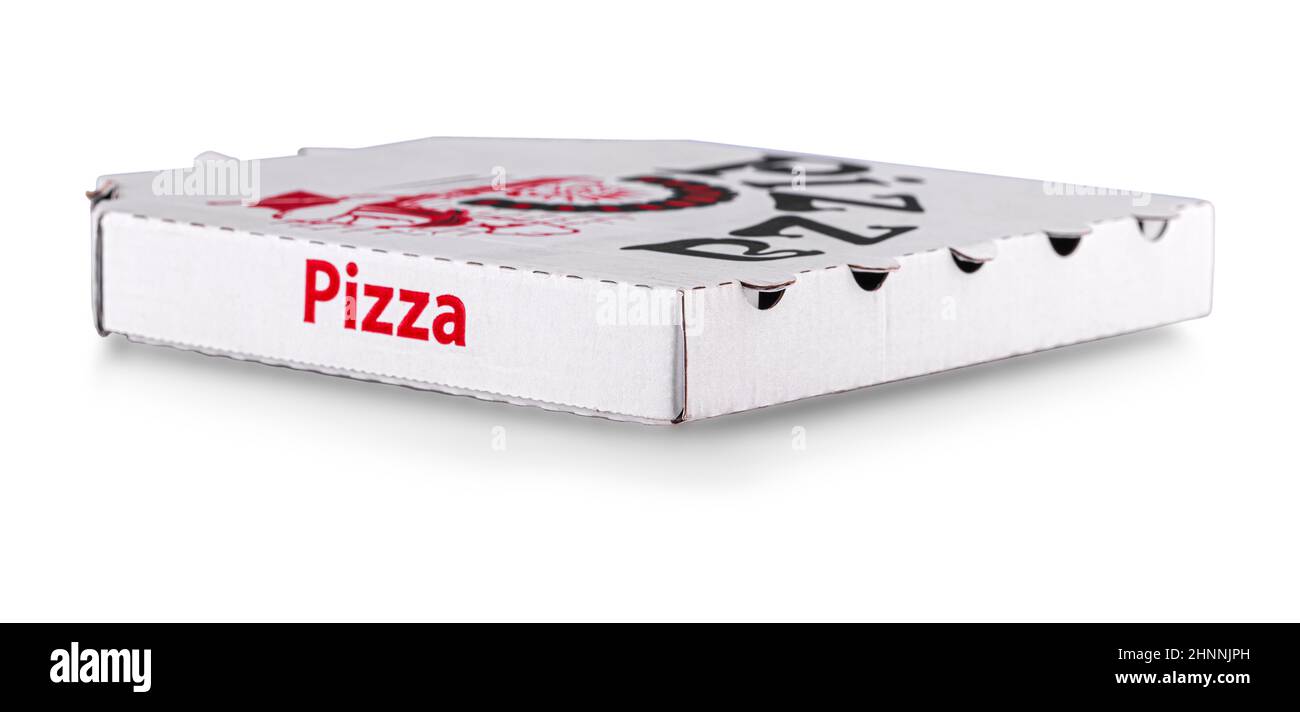 Scatola di consegna pizza bianca isolata su sfondo bianco Foto Stock