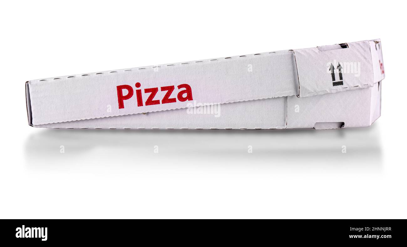 Scatola di consegna pizza bianca isolata su sfondo bianco Foto Stock
