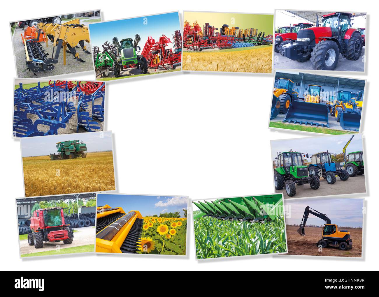 Collage su fattoria, agricoltura, agricoltura. Concetto di predisposizione dell'attrezzatura per lavori agricoli - per la semina e la raccolta del grano Foto Stock
