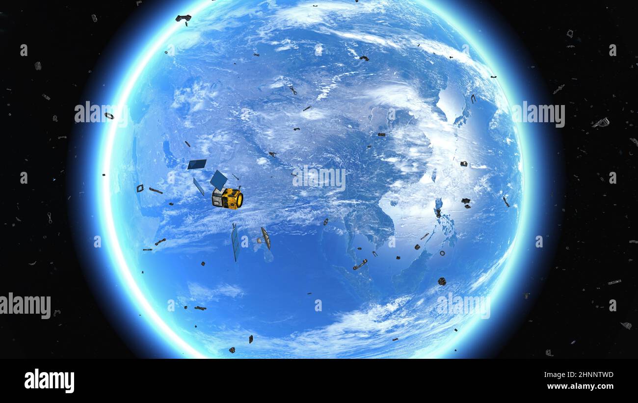 I detriti spaziali provenienti dal satellite difettoso a causa di collisioni orbitali e piccole parti provenienti dai voli spaziali volano in orbita della terra - illustrazione 3D Foto Stock