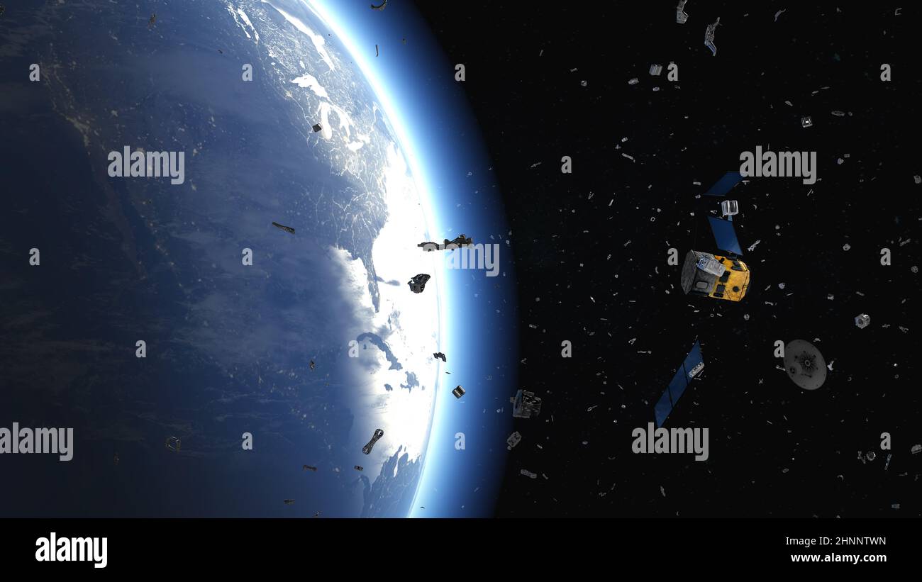 I detriti spaziali provenienti dal satellite difettoso a causa di collisioni orbitali e piccole parti provenienti dai voli spaziali volano in orbita della terra - illustrazione 3D Foto Stock
