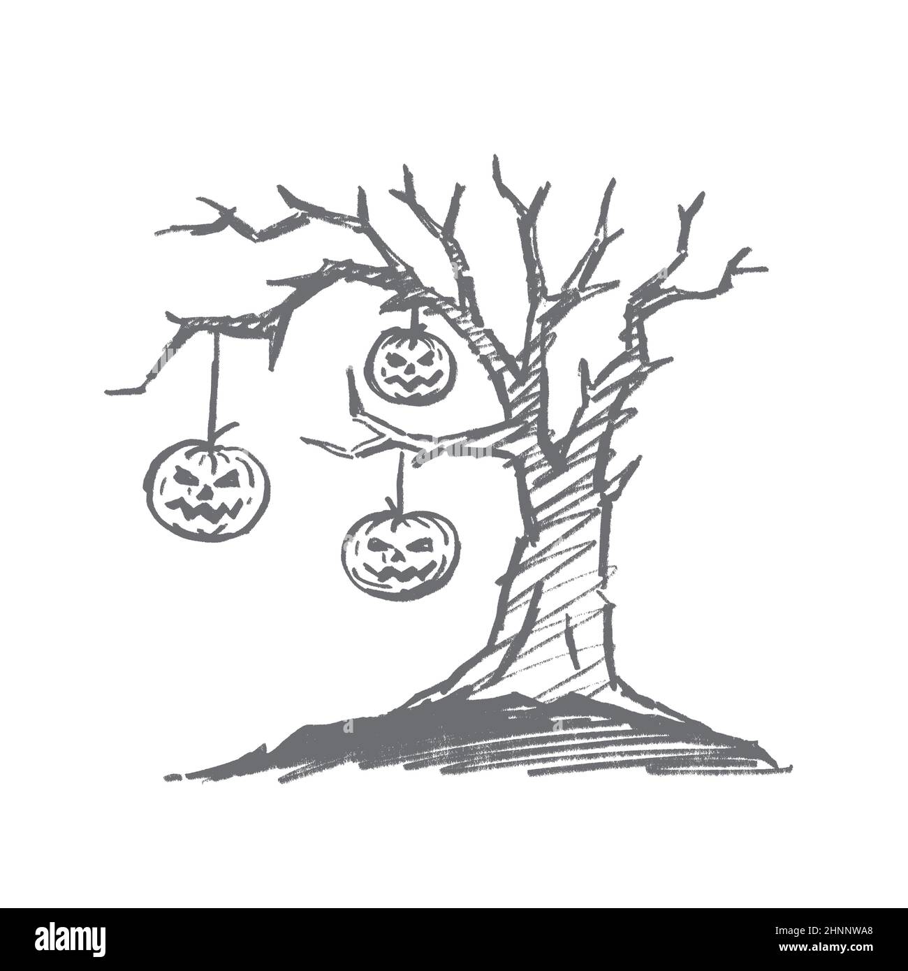Disegno vettoriale di Halloween a mano. Tre Pumpkins con i volti umani spaventosi appesi su vecchi ramoscelli di alberi secchi macabri Foto Stock
