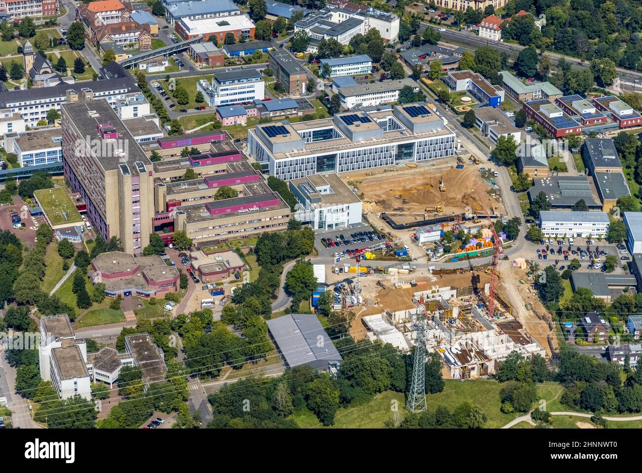 Fotografia aerea, cantiere e nuovo edificio presso l'Ospedale Universitario Düsseldorf nel distretto di Bilk a Düsseldorf, Renania settentrionale Foto Stock