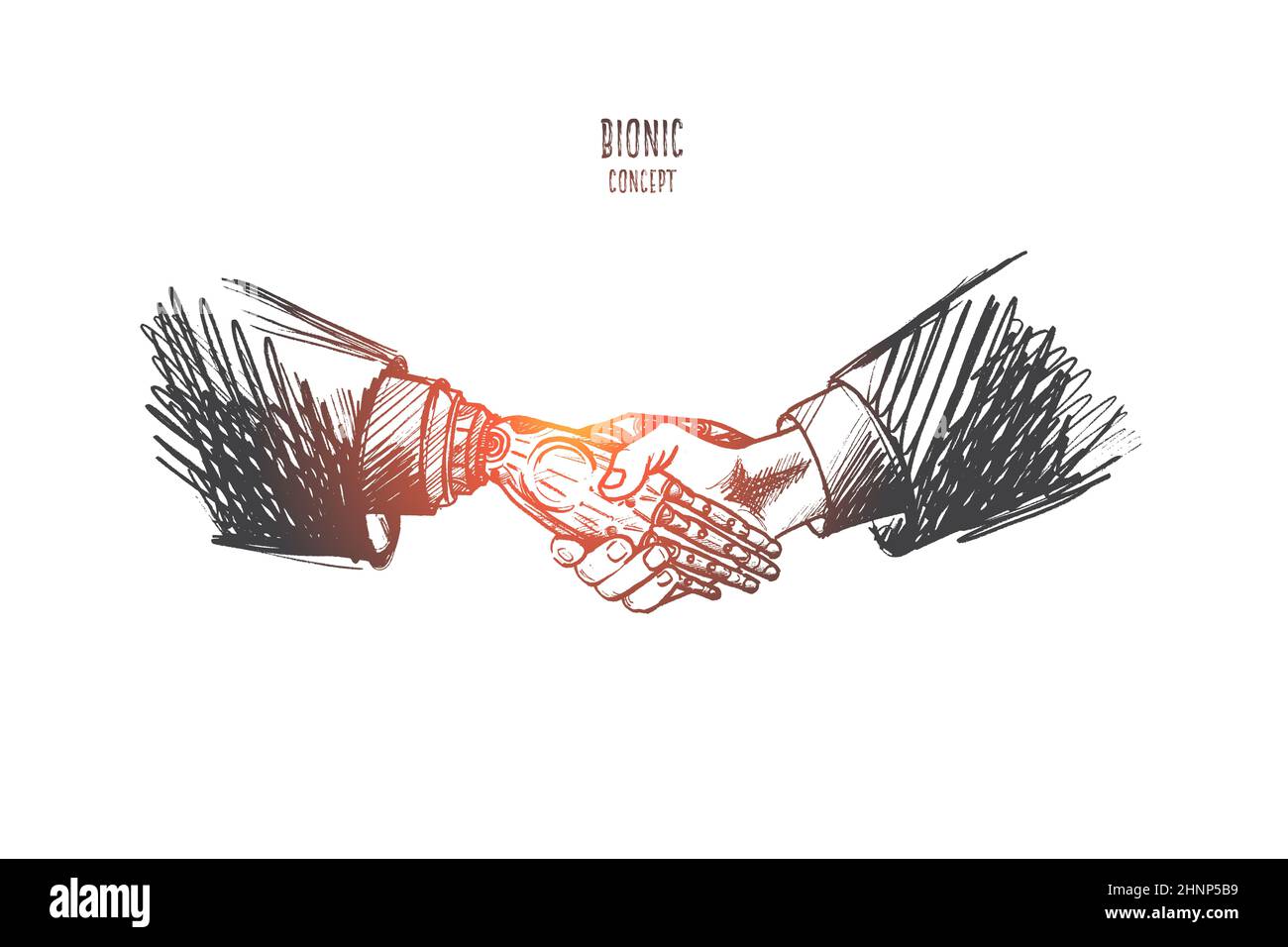 Concetto bionico. Uomo d'affari disegnato a mano in un vestito e un robot che scuote le mani. Relazione tra robot e illustrazione vettoriale isolata dall'uomo. Foto Stock