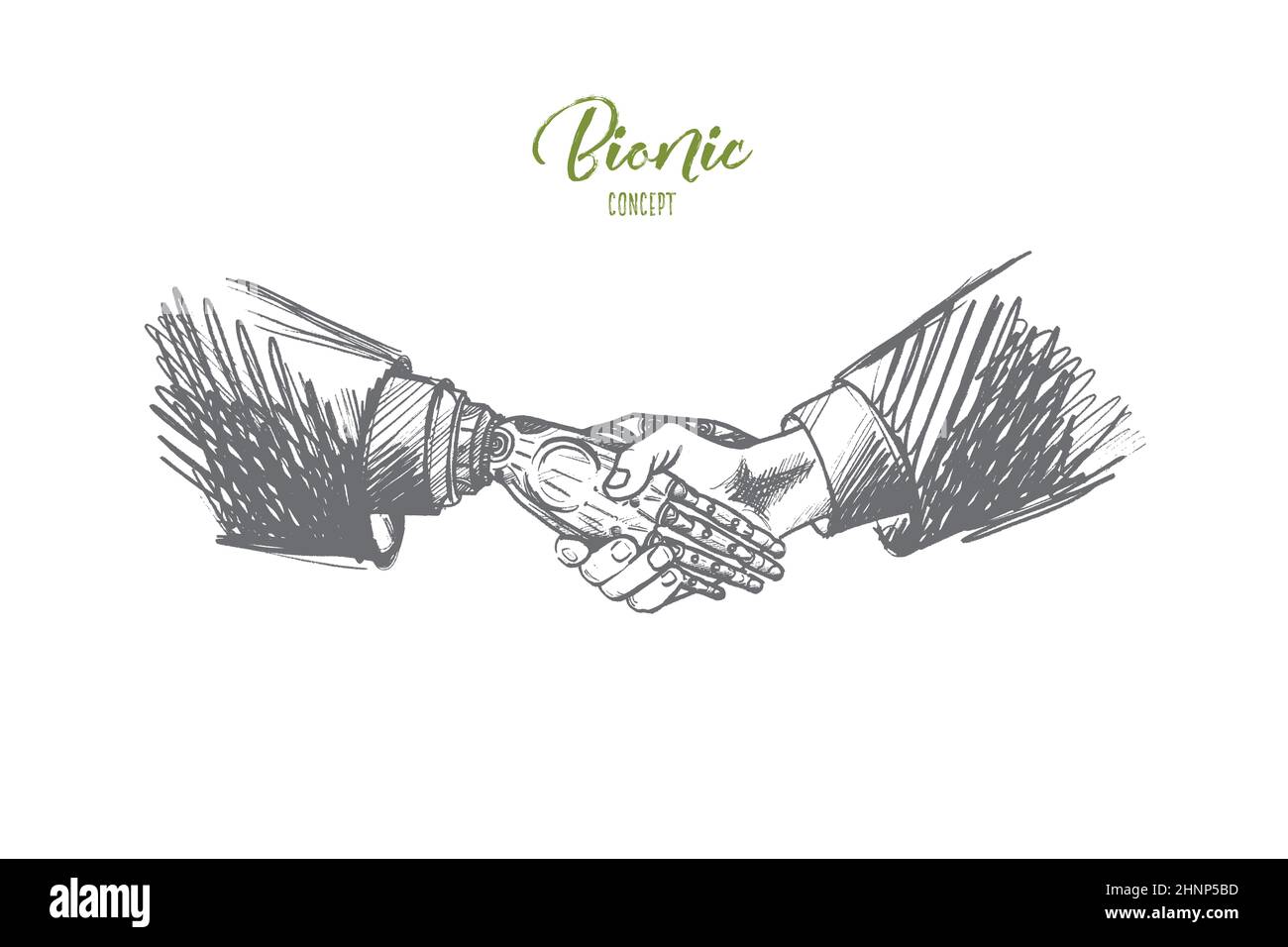 Concetto bionico. Uomo d'affari disegnato a mano in un vestito e un robot che scuote le mani. Relazione tra robot e illustrazione vettoriale isolata dall'uomo. Foto Stock