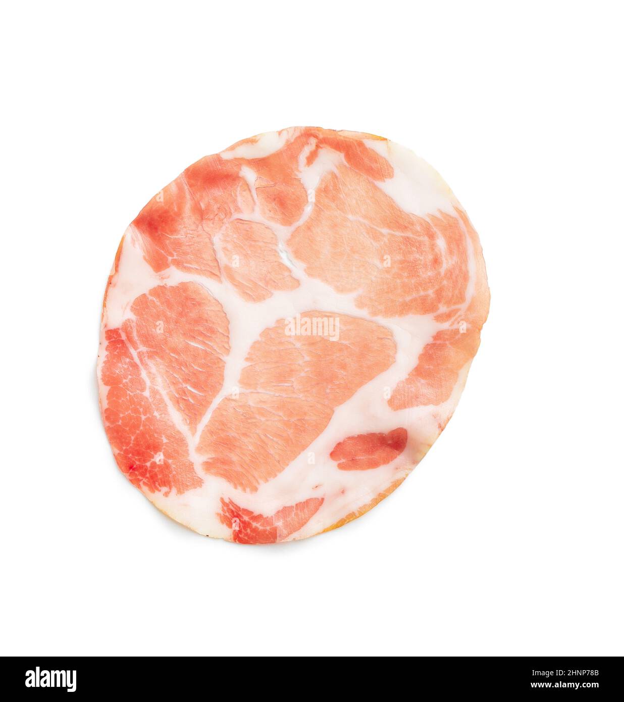 Prosciutto secco italiano. Coppa bagionata isolata su sfondo bianco. Foto Stock