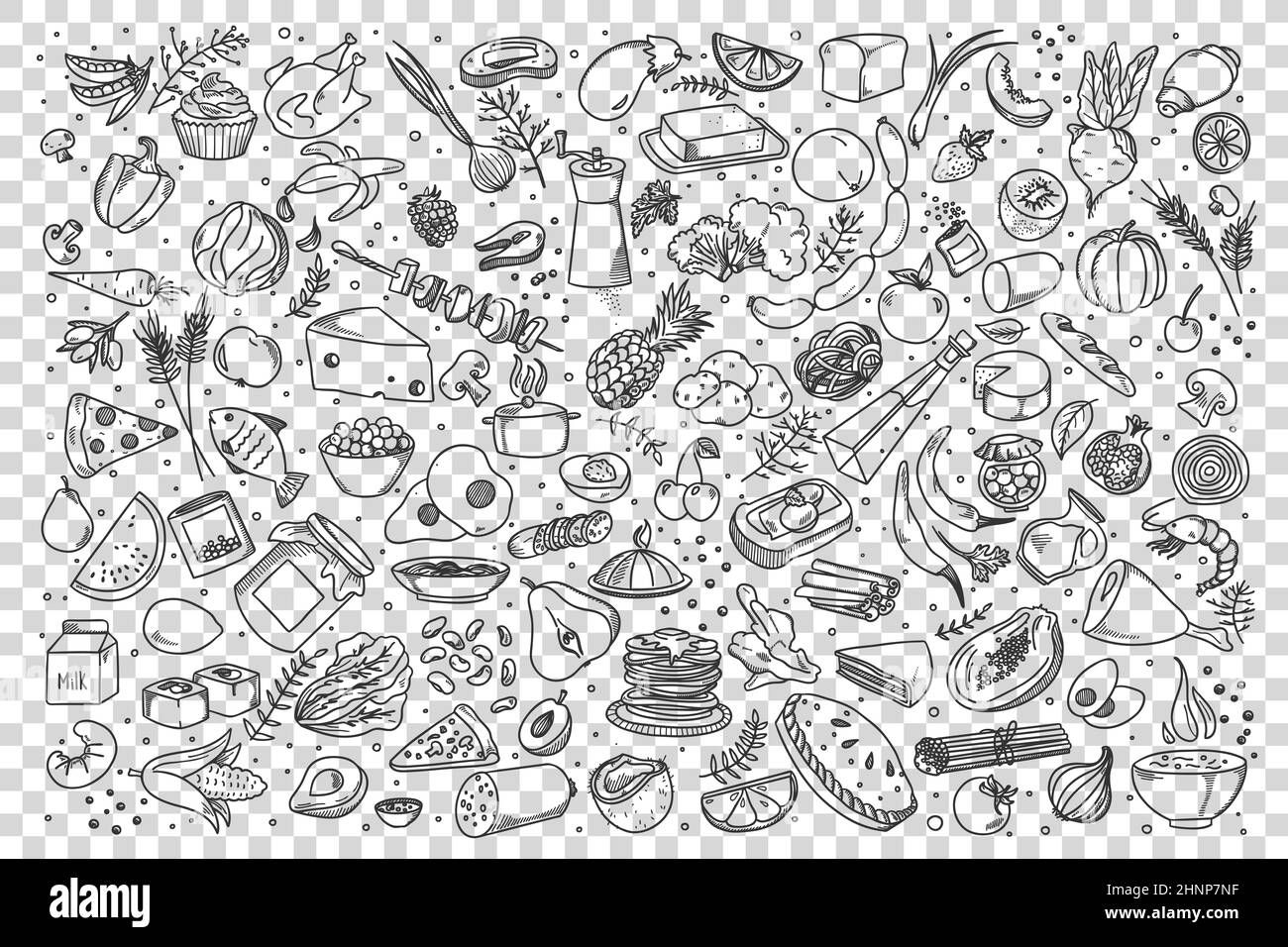 cibo disegni - 5 Set di cibi e doodle. Raccolta di disegni a mano modelli di vari tipi di pasto. Carne pizza pesce e fast food hamburger sandwitch o guarire Foto stock - Alamy