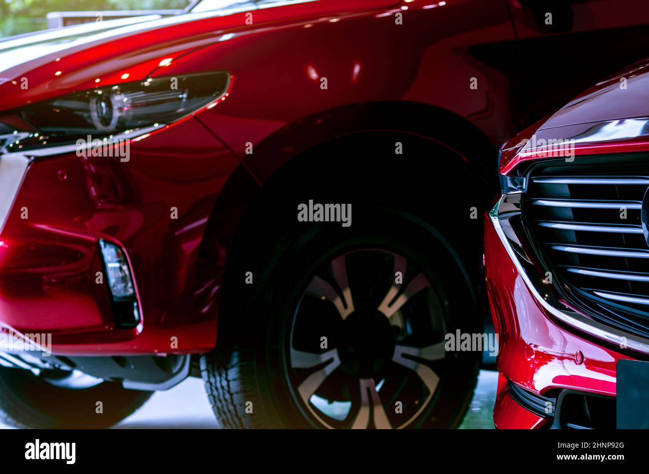 Primo piano auto rossa parcheggiata in showroom di lusso. Ufficio concessionaria auto. Auto nuova parcheggiata in un moderno showroom. Auto in vendita e noleggio. Leasing automatico. Promozione vendita auto e marketing concept. Foto Stock