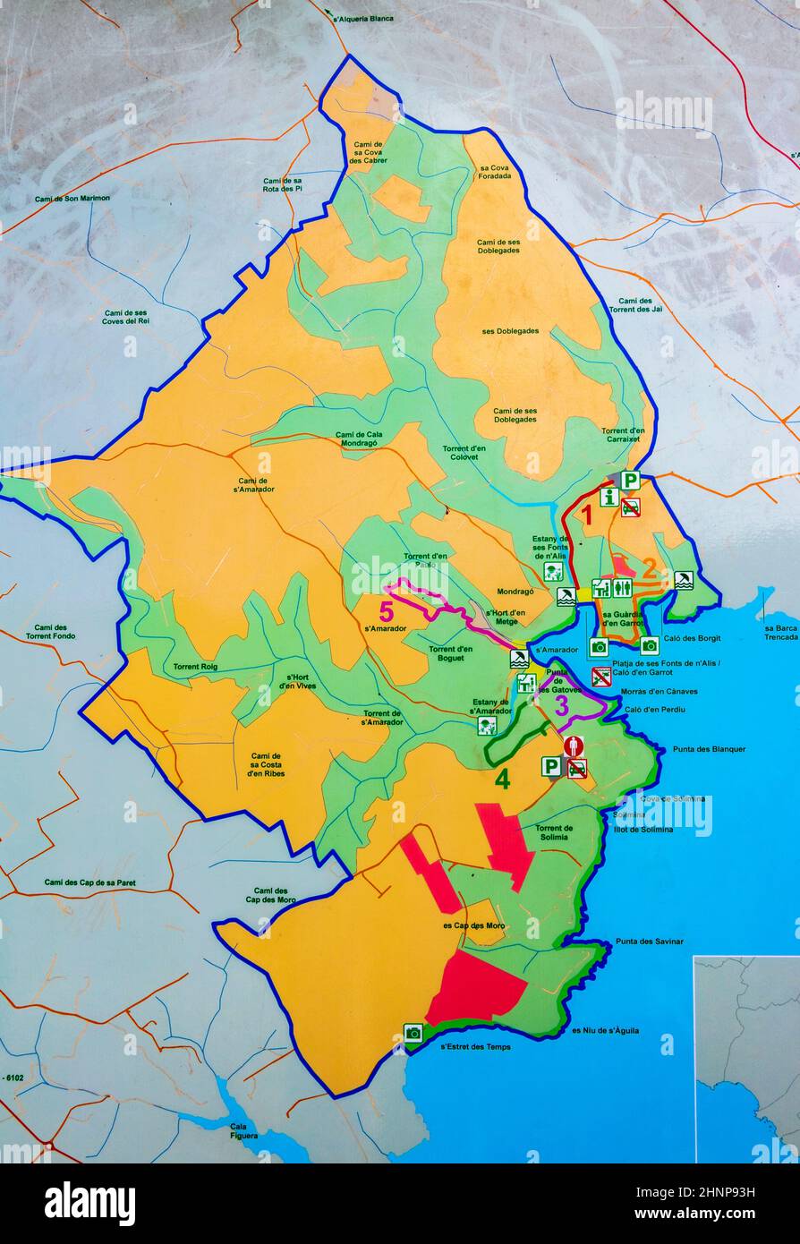 Mappa colorata del Parc Natural de Mondragó Cala Mondrago Mallorca. Foto Stock