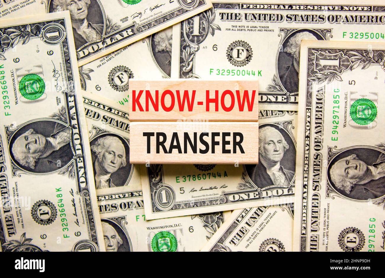Simbolo di trasferimento del know-how. Concetto parole know-how trasferimento su blocchi di legno su sfondo bello da bollette dollaro, spazio copia. Business, innovazione Foto Stock
